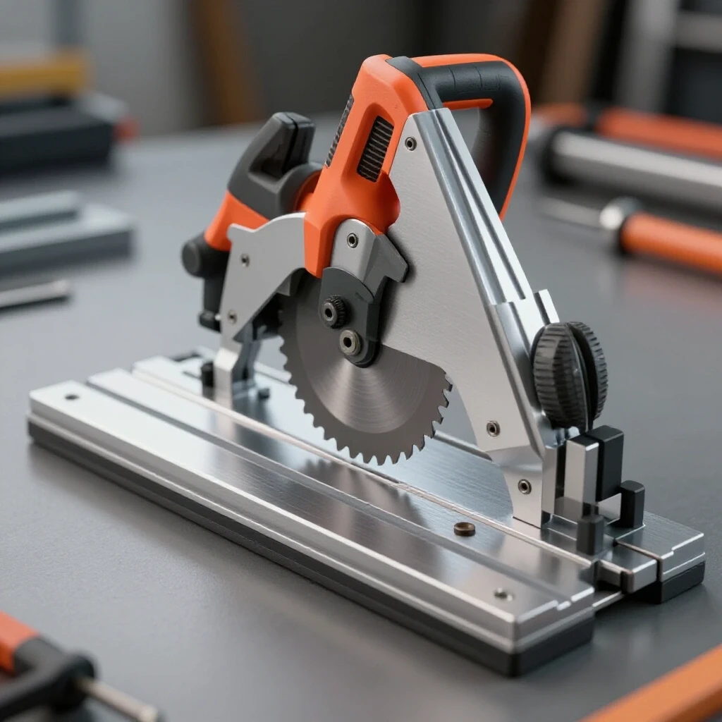 Close-up view of a metal cutting miter saw with an aligned fence, showcasing precision and craftsmanship.