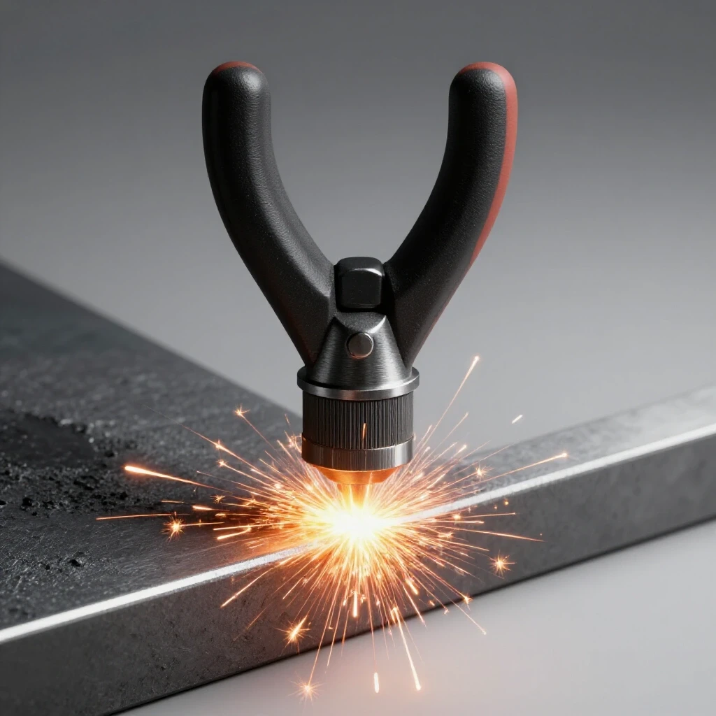 Close-up of a metal deburring hand tool in action, emitting sparks while deburring a metal edge.