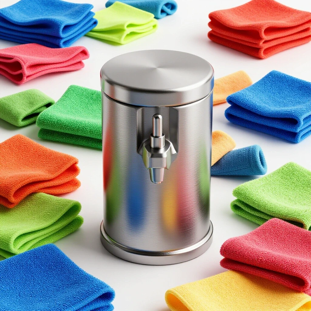 A metallic shop towel dispenser surrounded by crumpled colorful rags, emphasizing functionality and texture in a bright setting.