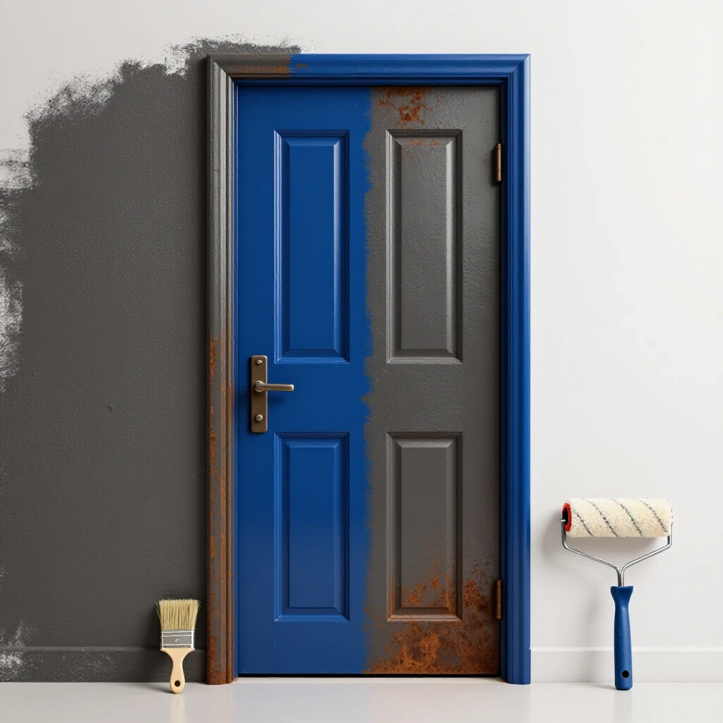 A partially painted metal door showing glossy blue paint on one side and rough gray surface on the other, with painting tools nearby.