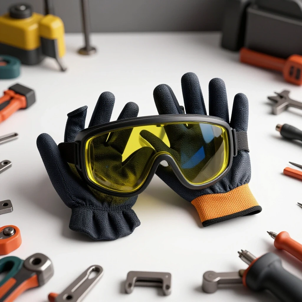 An organized metalworking workshop showcasing safety gear like gloves and goggles in a bright setting, contrasting chaos in the background.