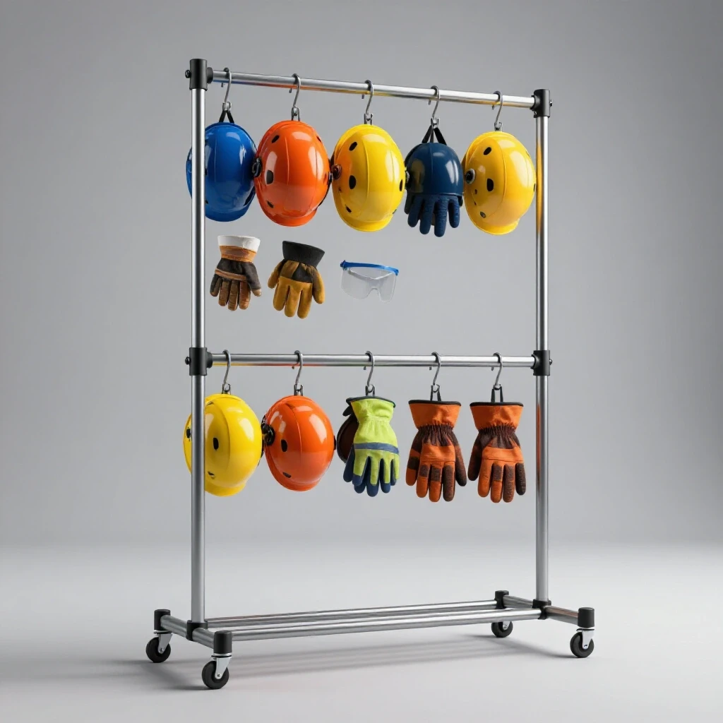 A well-lit workshop showcasing a metal hanger rack with vibrant personal protective equipment hanging from it.