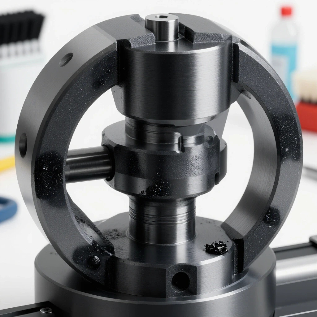 Close-up of a shiny metal lathe chuck with contrasting gritty areas, featuring cleaning tools in the background.