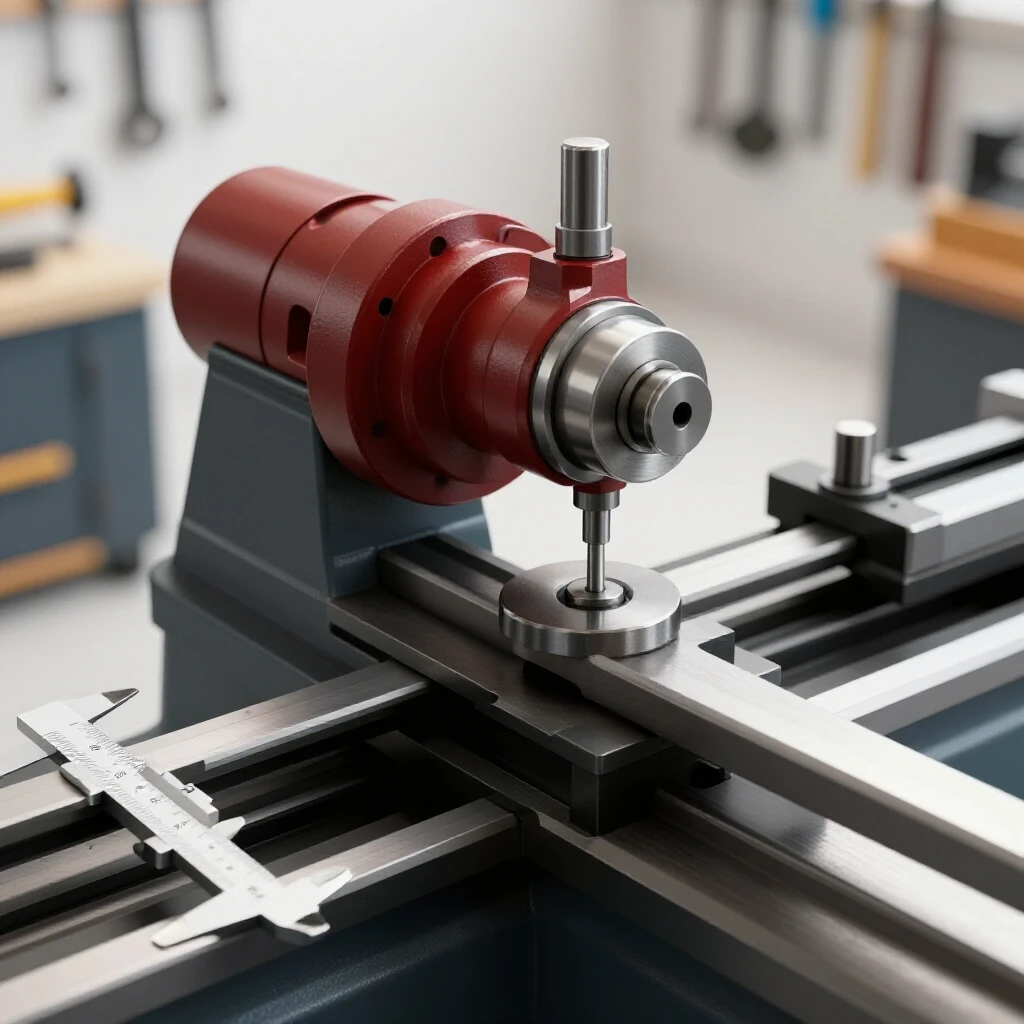 A close-up view of a metal lathe showcasing precision tools, with a blurred workshop background.