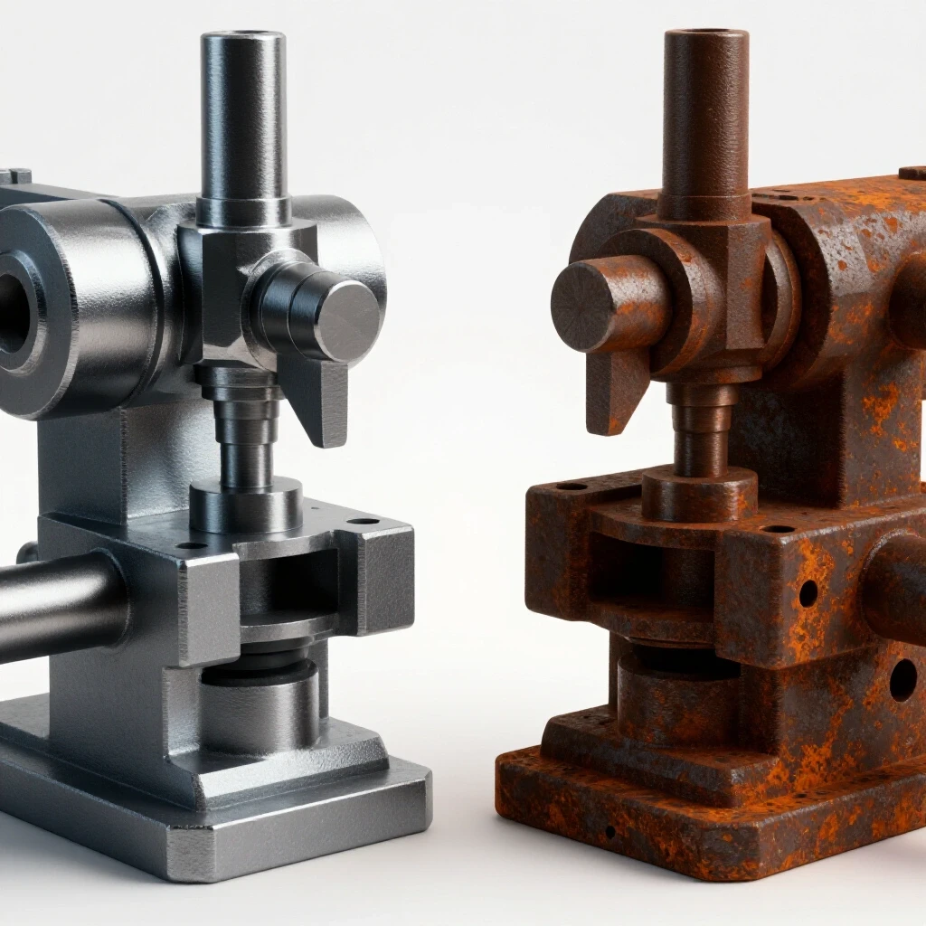 Close-up comparison of a shiny metal lathe tool holder versus a rusty one, showcasing transformation in maintenance.