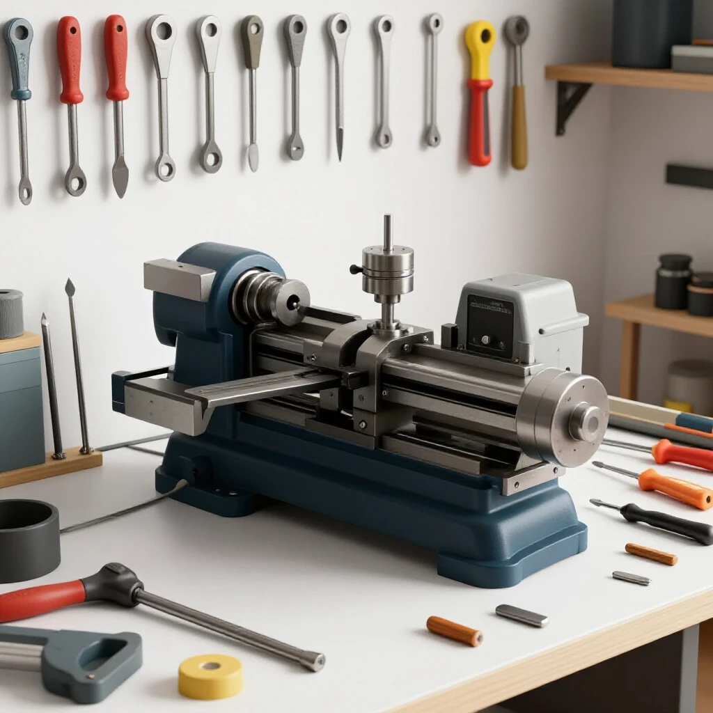 A well-organized metalworking shop with a central metal lathe surrounded by various essential tools on a clean workbench.