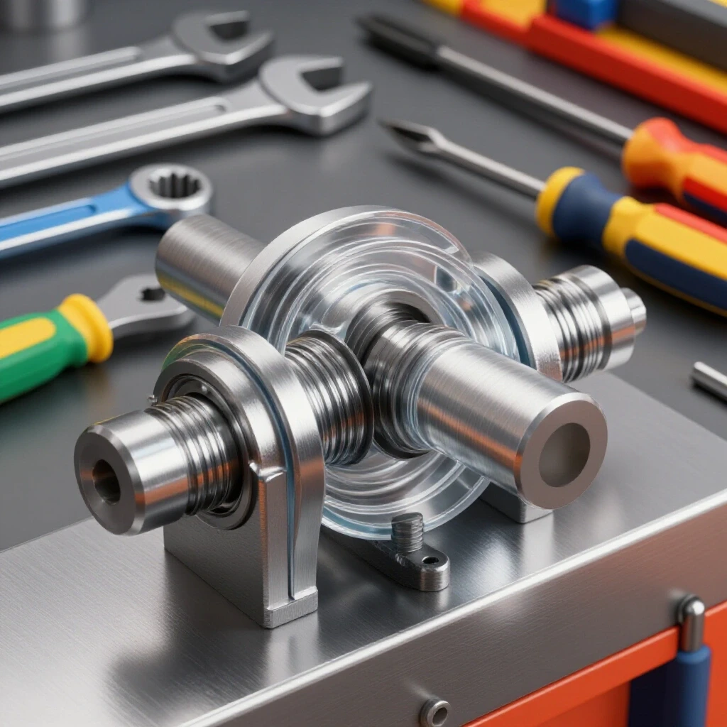 Close-up of a spindle lock on a metal mill surrounded by colorful workshop tools, highlighting repair and craftsmanship.