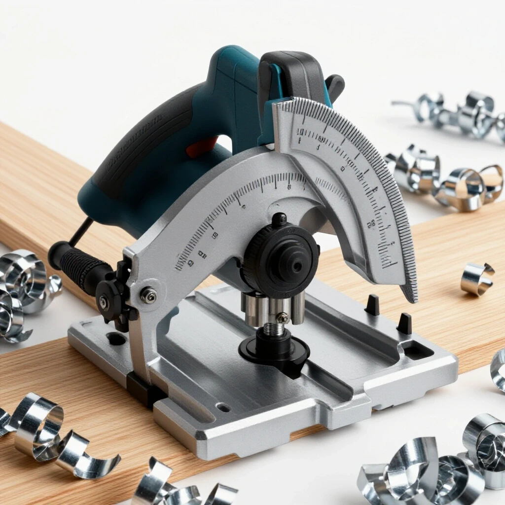 Close-up of a metal miter saw with an angle gauge, surrounded by metal shavings and wood, showcasing precision.