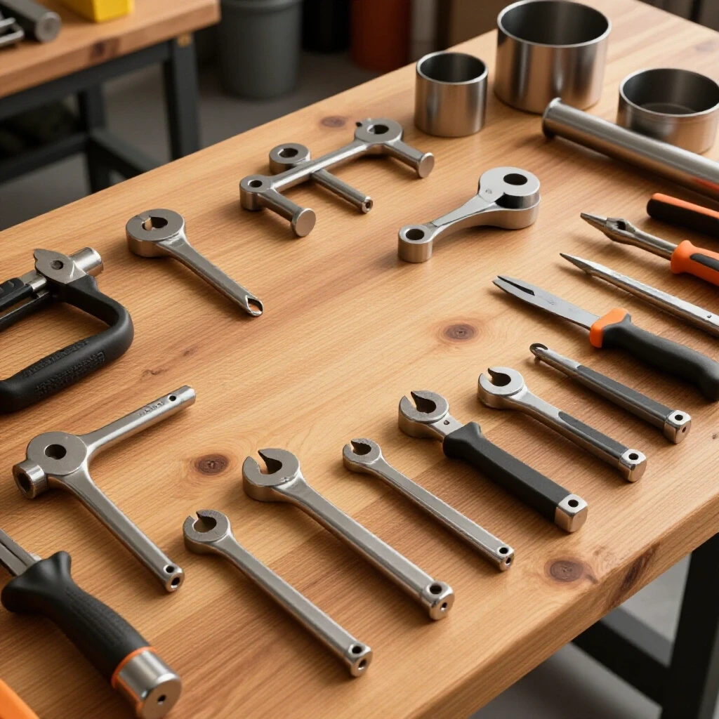 A clean and organized metal prep area featuring shiny tools on a rustic wooden workbench, illuminated brightly.