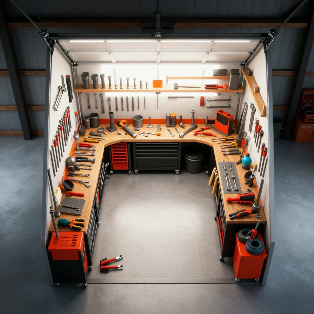A well-organized metal workshop in a one-car garage, showcasing tools and equipment efficiently.