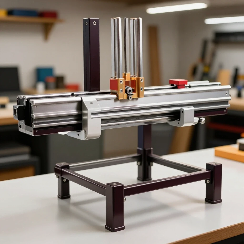 A robust metal stand for a router table positioned in a well-lit, cluttered workshop setting, emphasizing strength and organization.