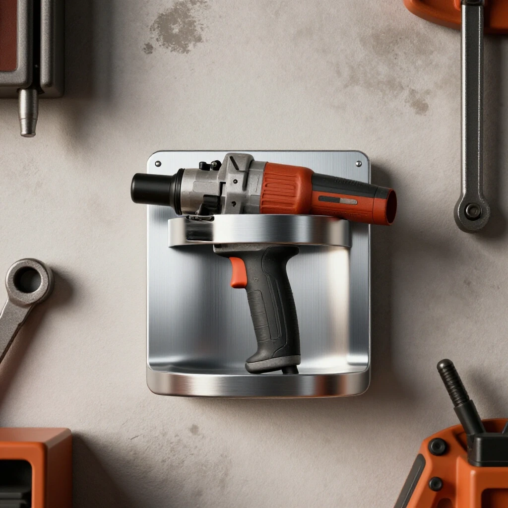 Polished metallic wall holder for angle grinders in a rustic workshop setting with tools and grinder.