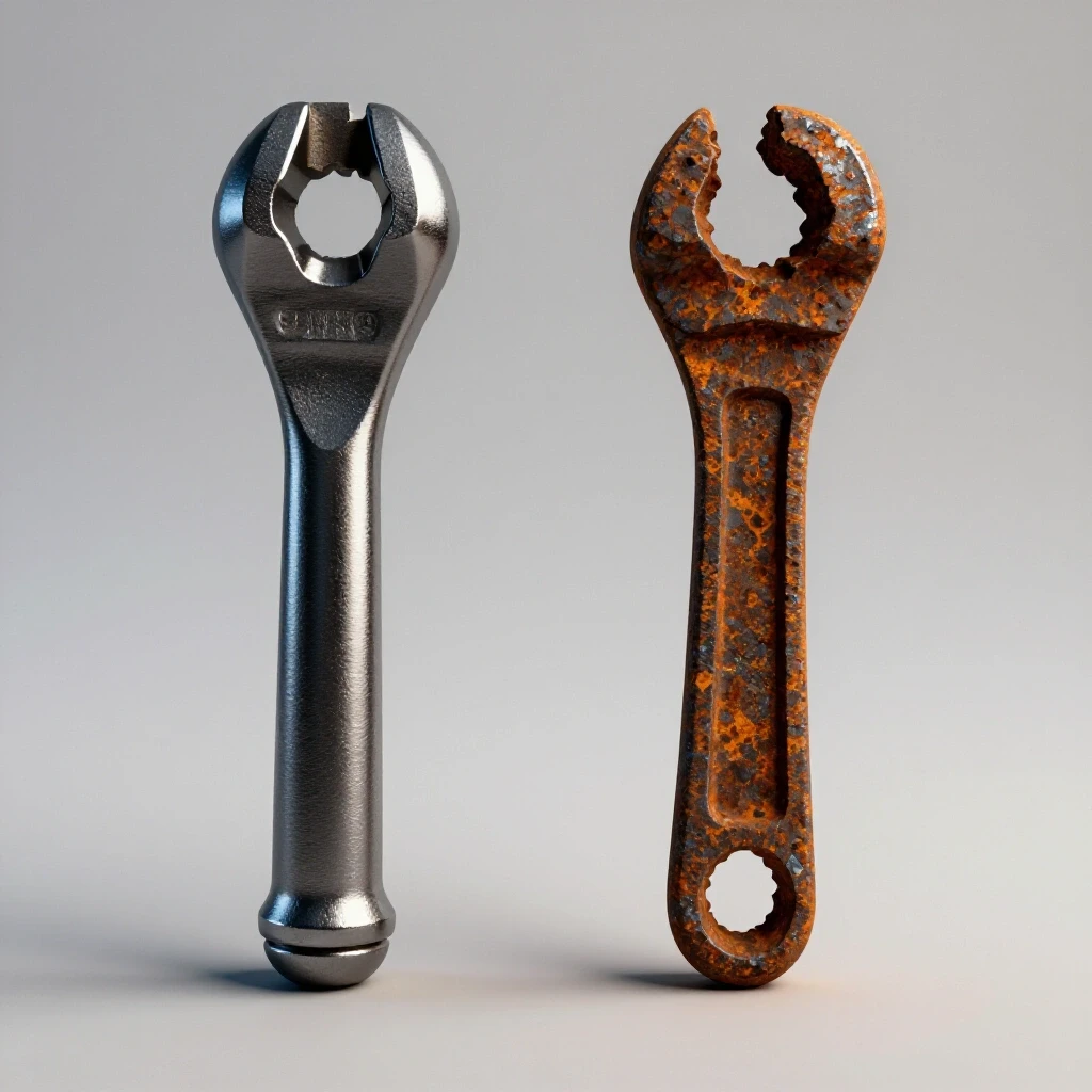 Comparison of a shiny new metalworking tool and a rusty broken version on a bright background