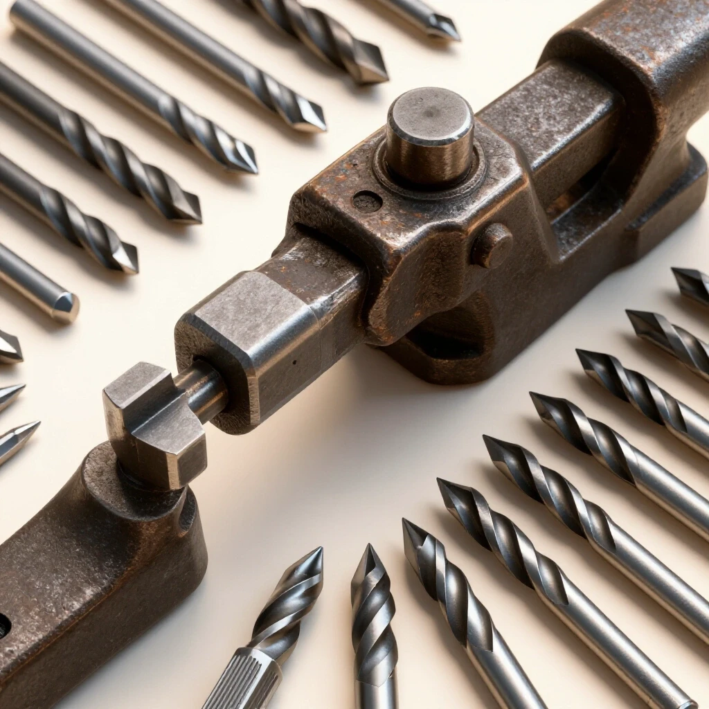 Close-up image of a well-used lathe tool alongside shiny new metalworking tools against a bright background, highlighting durability and contrast.