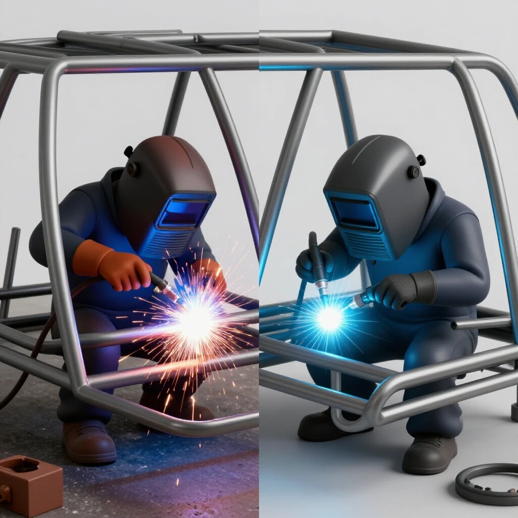 A split-image comparison of MIG and TIG welding techniques showcasing contrasting environments and effects on custom steel roll cages.