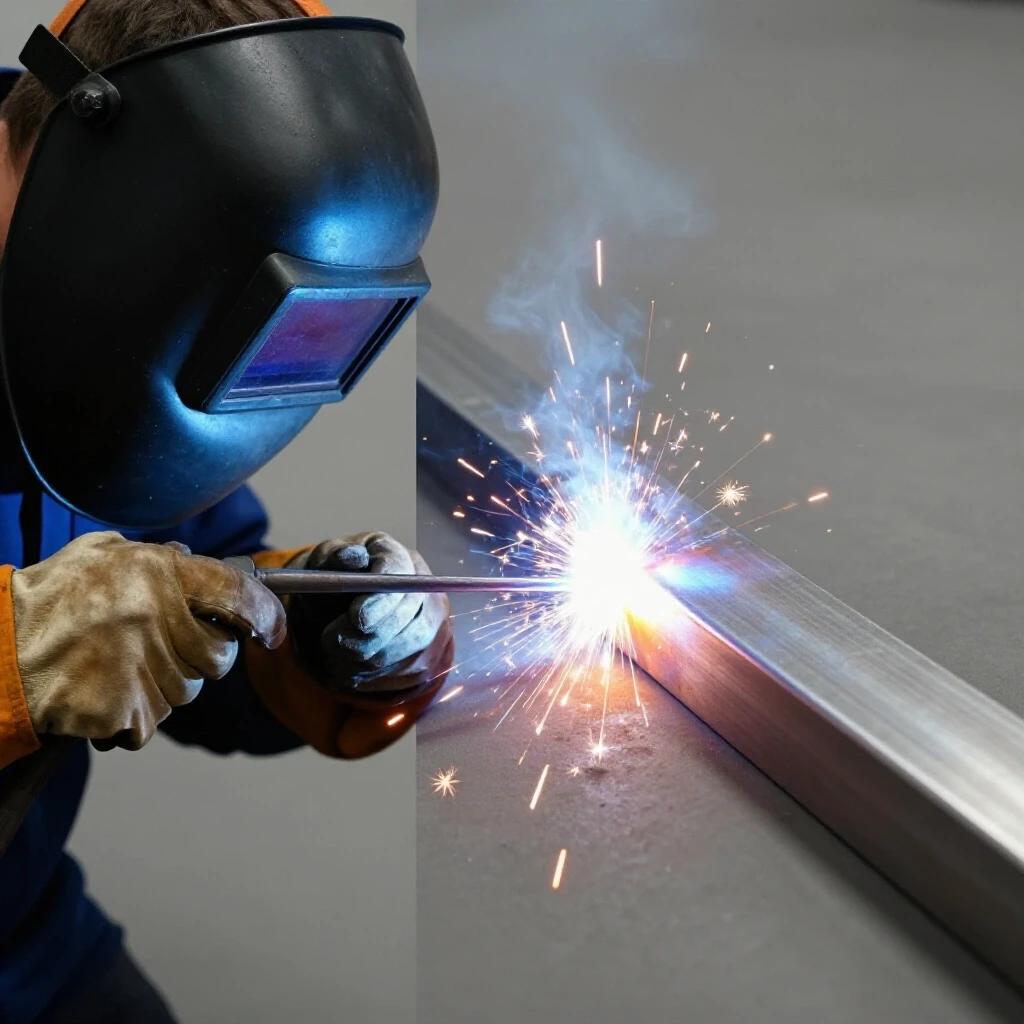 A close-up view of a MIG welder with a glowing arc next to welding 1/8-inch steel showing sparks and molten metal.