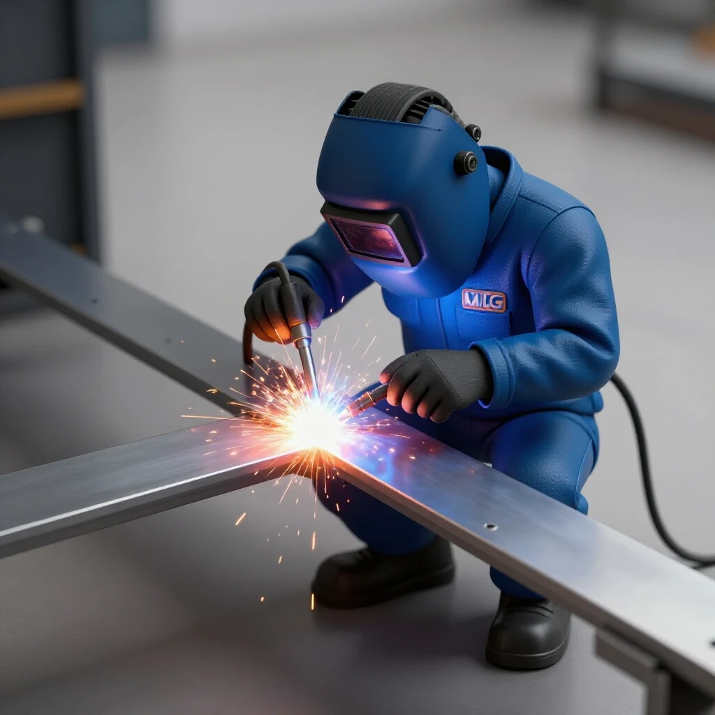 Close-up of a MIG welder creating sparks while welding a thin metal sheet.