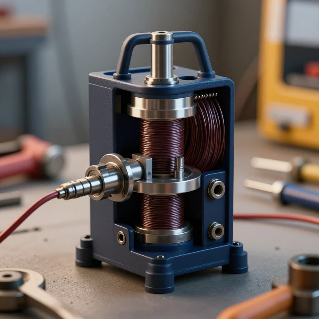 Close-up of a MIG welder's wire feed mechanism with blurred workshop tools in the background, highlighting intricate details.