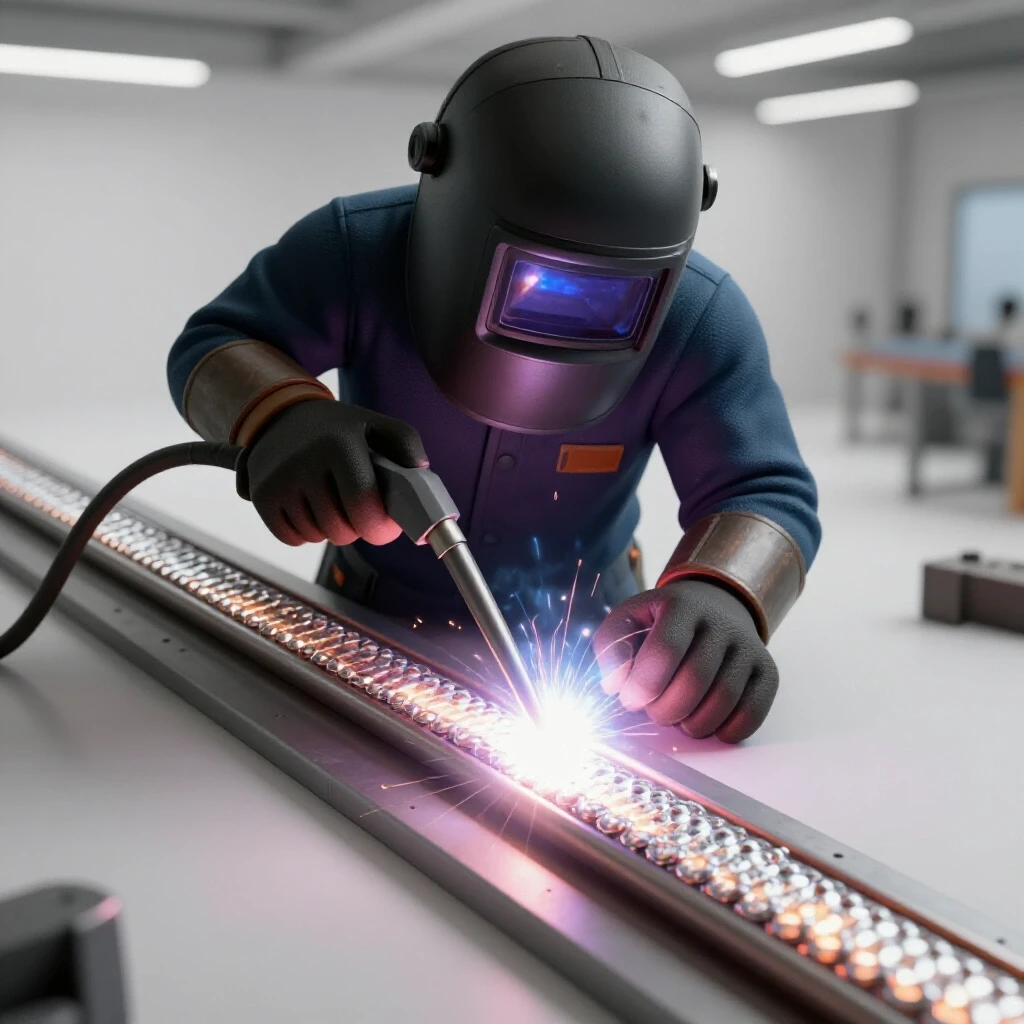 MIG welder in action, highlighting a glowing weld arc and textured weld bead with visible porosity defects.