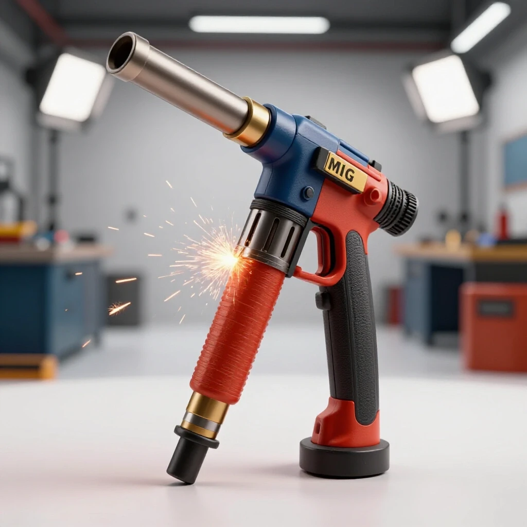 Close-up of a MIG welding torch highlighting its feeding mechanism, surrounded by sparks in a workshop setting.