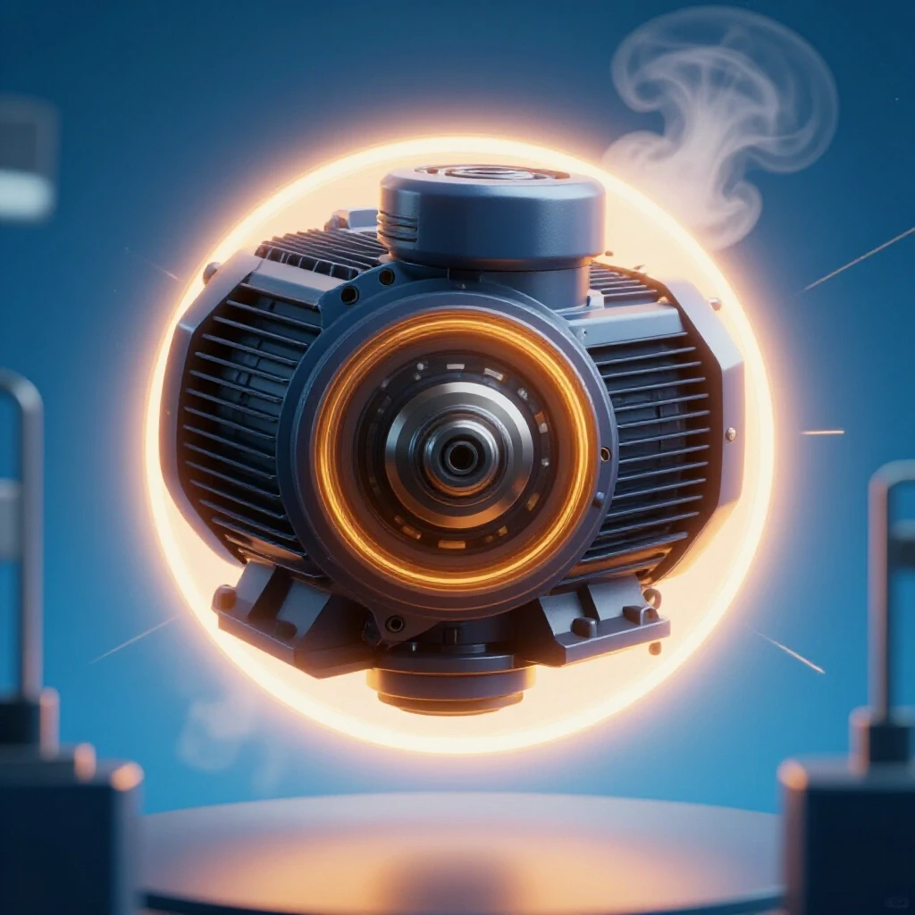 Close-up of a milling spindle motor with glowing aura on a cool blue background, symbolizing safe operation.