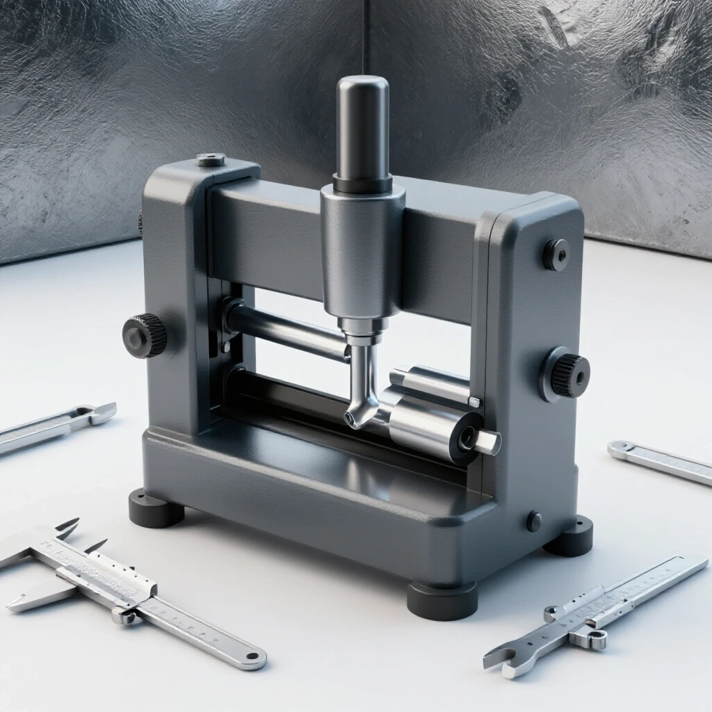 Close-up of a mini press brake bending metal, highlighted with workshop tools like calipers and clamps, against textured metal backdrop.