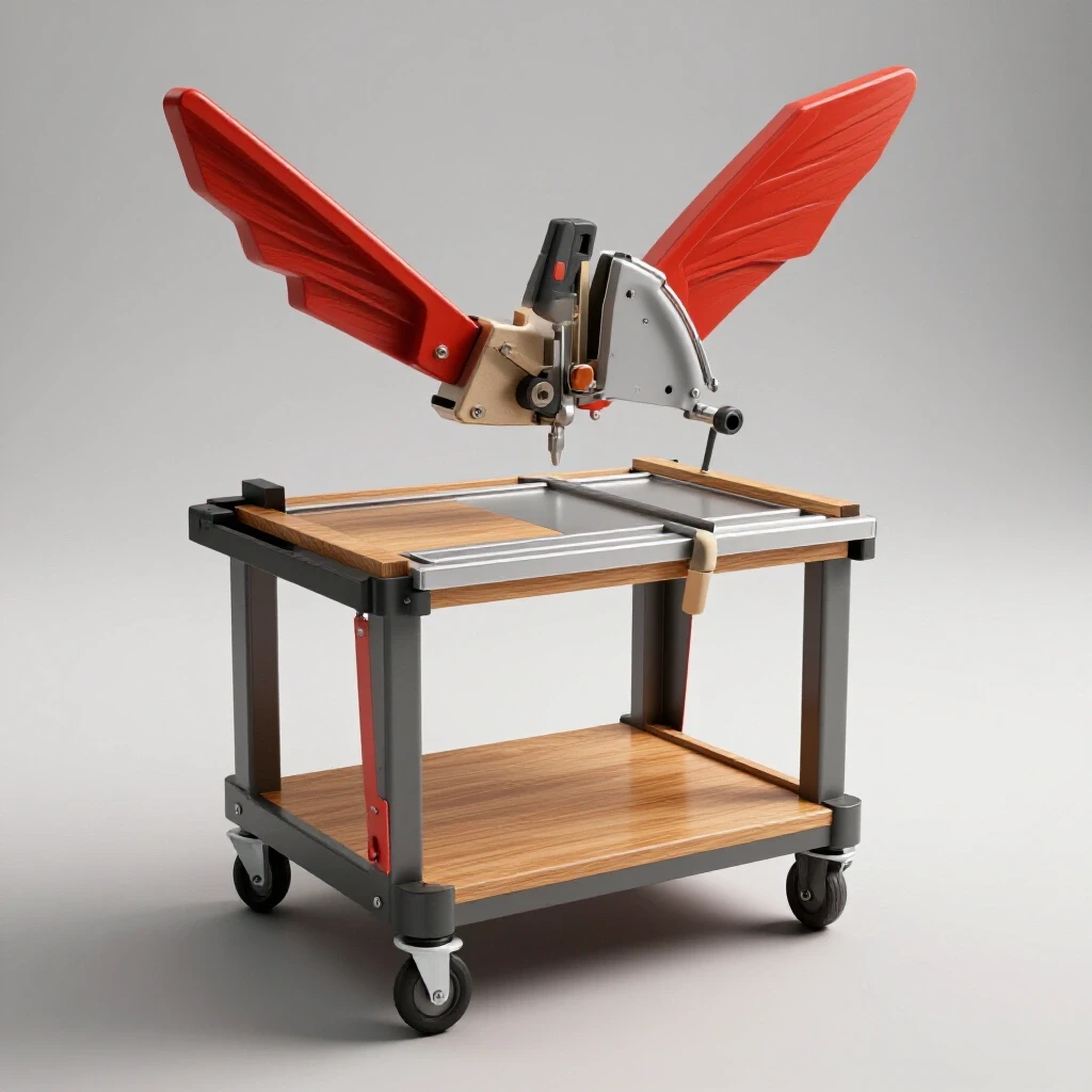 A mobile chop saw cart with vibrant wing supports displayed in a well-lit workshop setting.