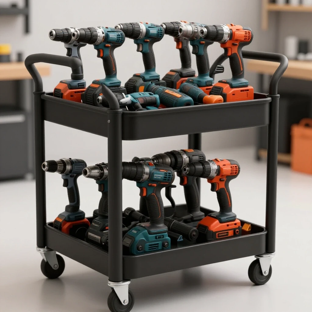 Mobile cart filled with drill accessories in a well-lit workshop environment.