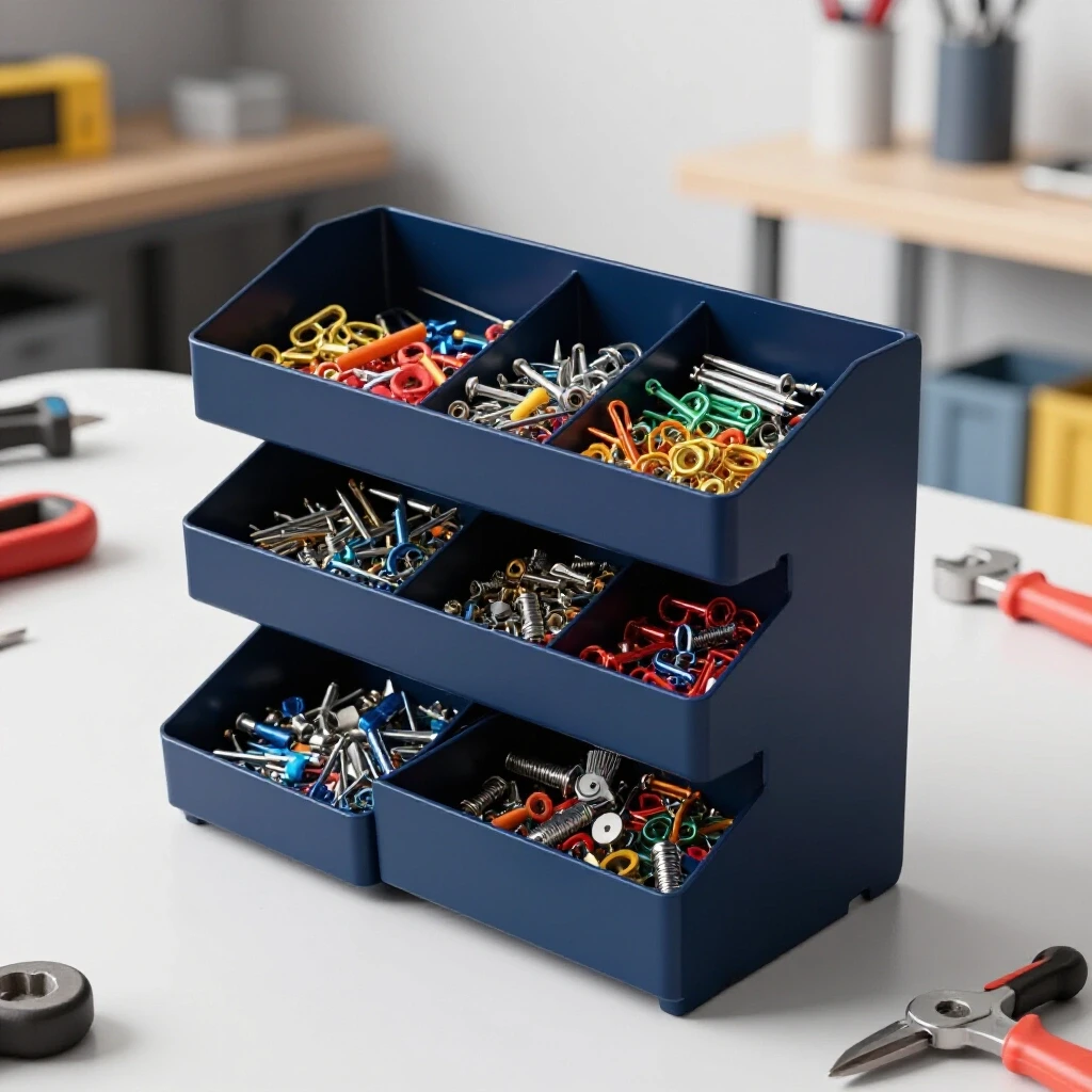 A mobile fastener box organizing rack full of colorful fasteners in a bright workshop, showcasing organization.