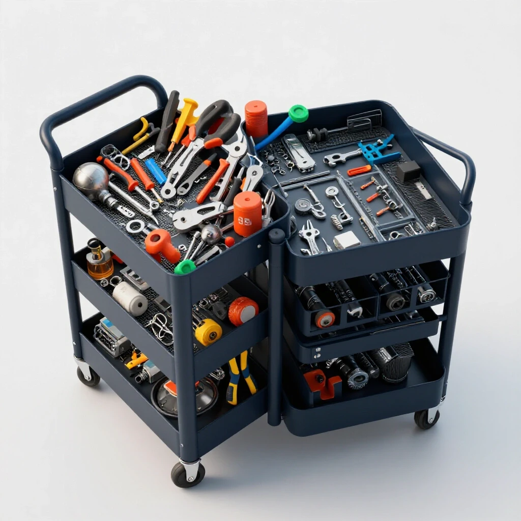 A top-down view of a mobile hardware organizer cart with one side disorganized and the other neatly arranged, showcasing vibrant tools.