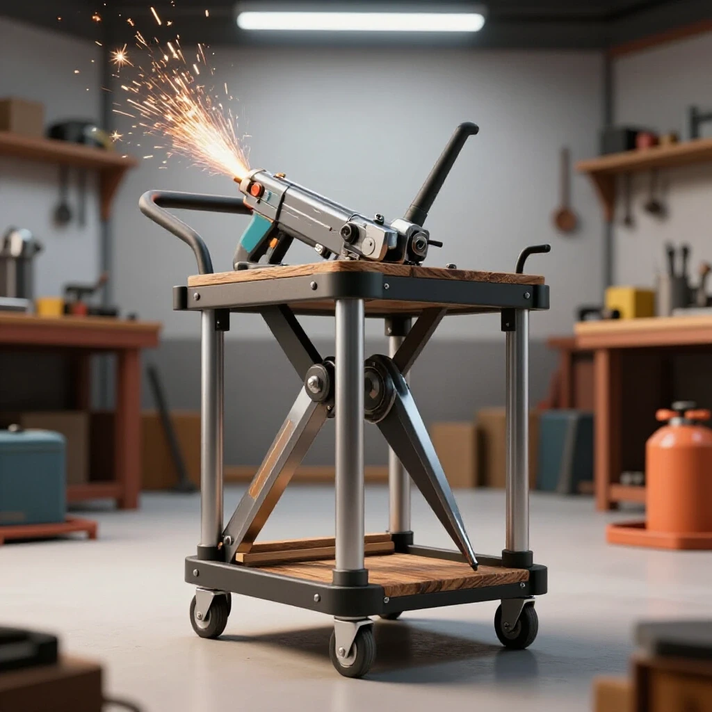 Sleek mobile plasma cutter cart showcased in a vibrant workshop with dynamic tools and sparks.