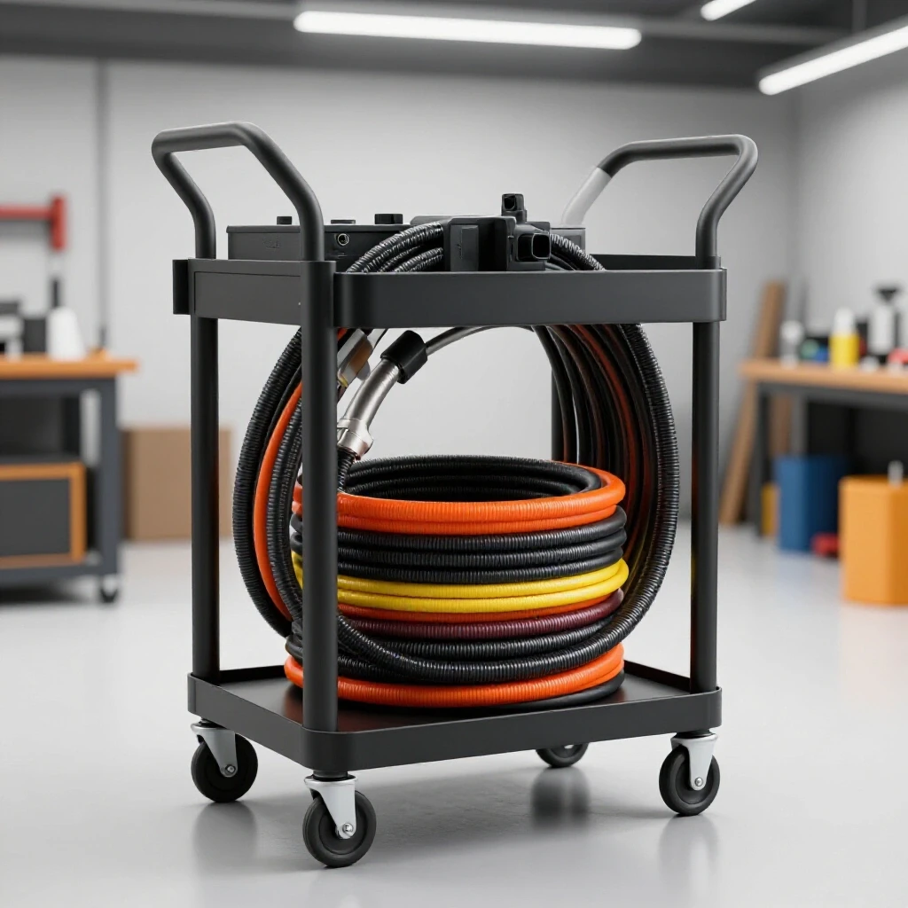 A mobile plasma cutter hose storage cart displaying vibrant hoses, set in a well-organized workshop, with bright lighting.
