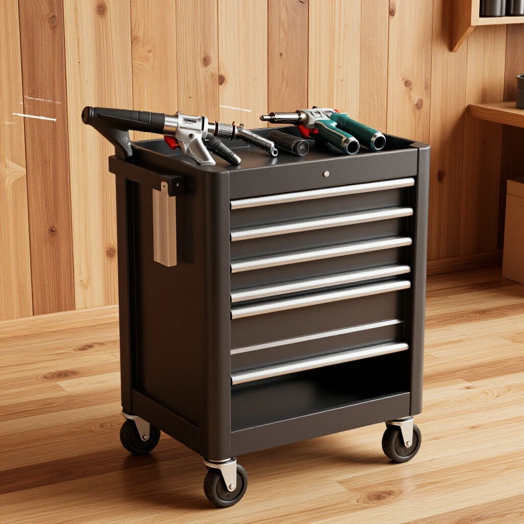 A vibrant mobile pneumatic air tool cart showcased in a bright workshop with rustic wooden background and rich colors.