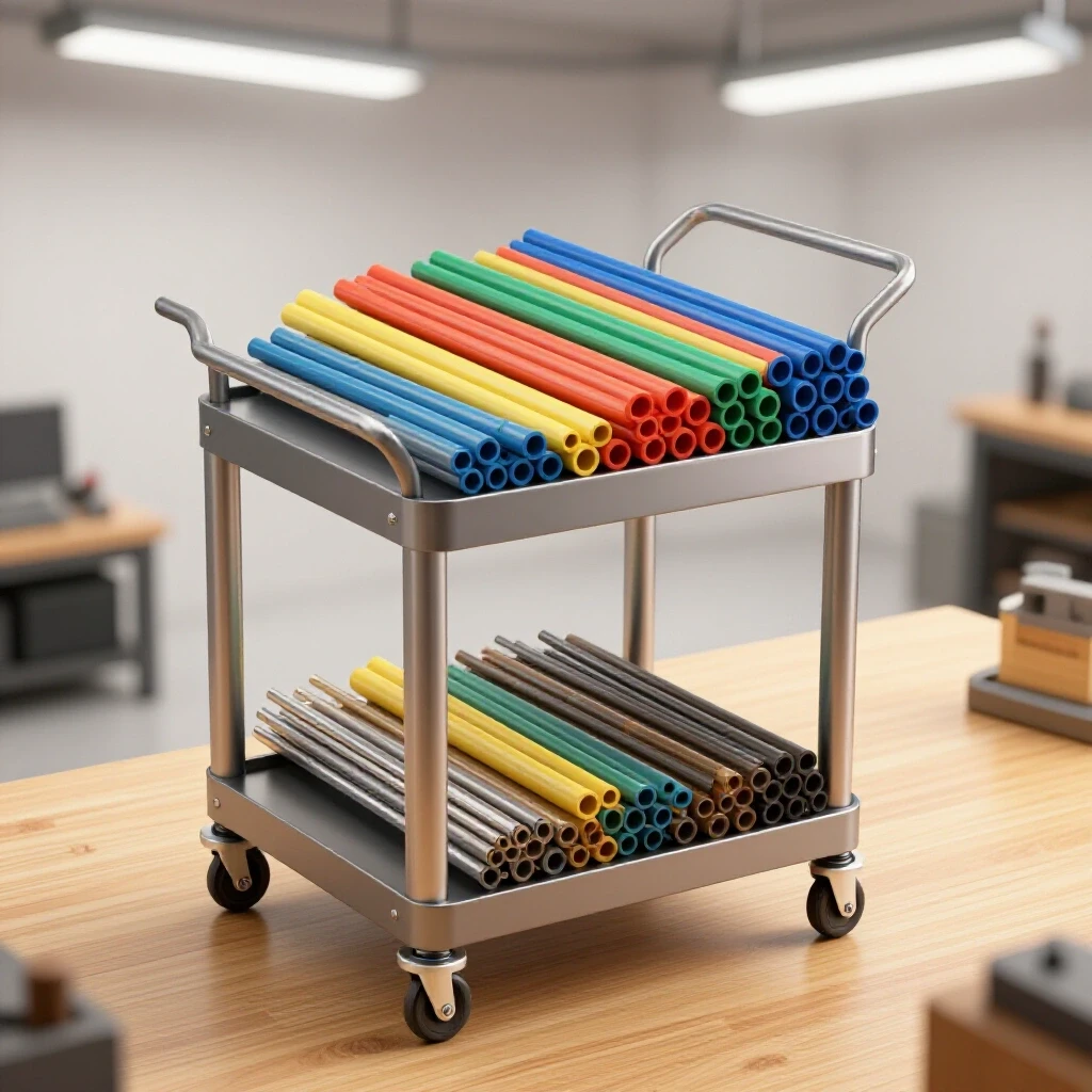 A vibrant mobile cart with colorful pipes and bar stock organized against a bright workshop backdrop, highlighting its mobility.