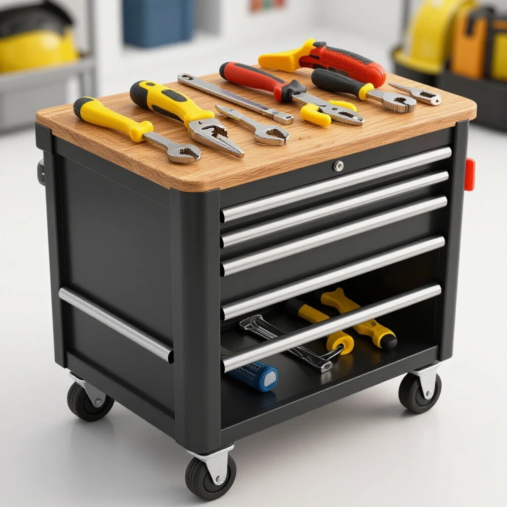 A mobile rolling tool bench showcasing vibrant tools on a rustic wooden surface in a well-lit workshop setting.