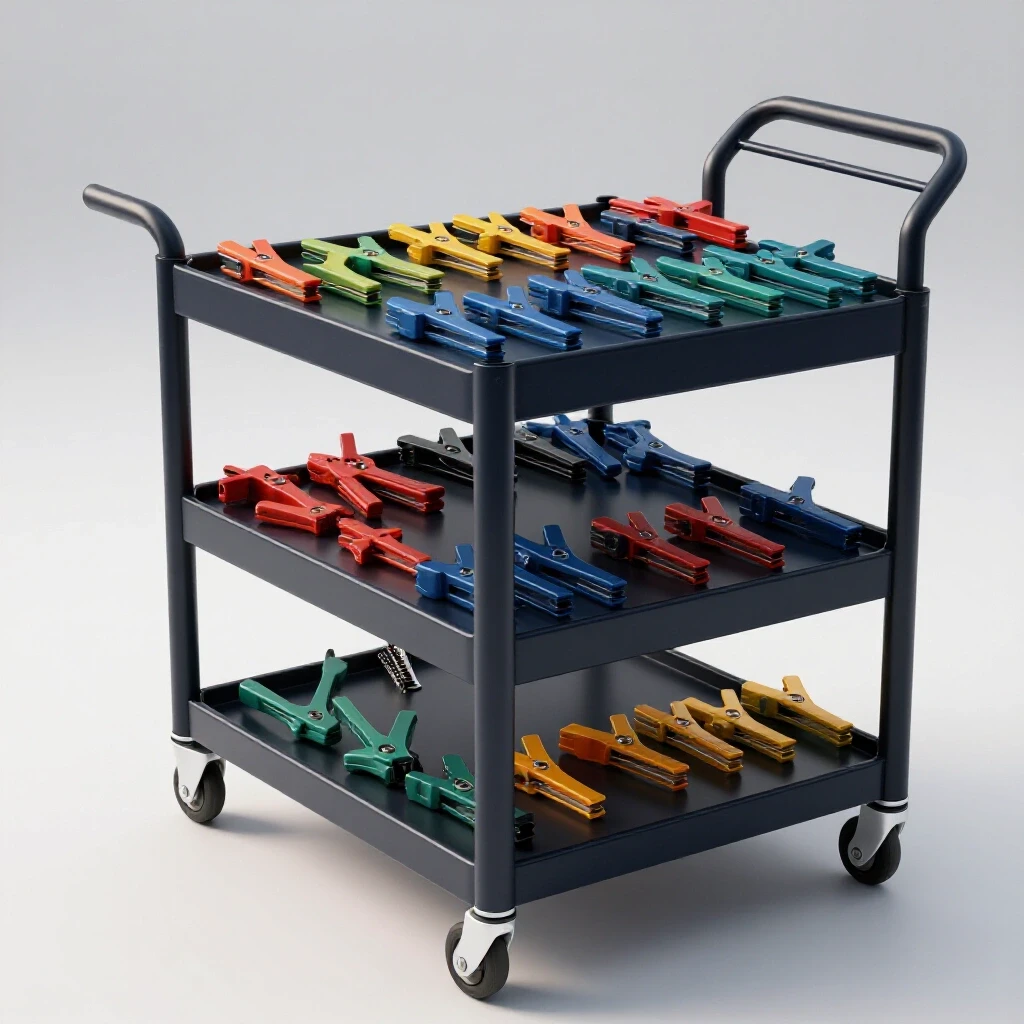 A mobile shop cart displaying organized rows of colorful small clamps against a bright background, highlighting tool accessibility and order.