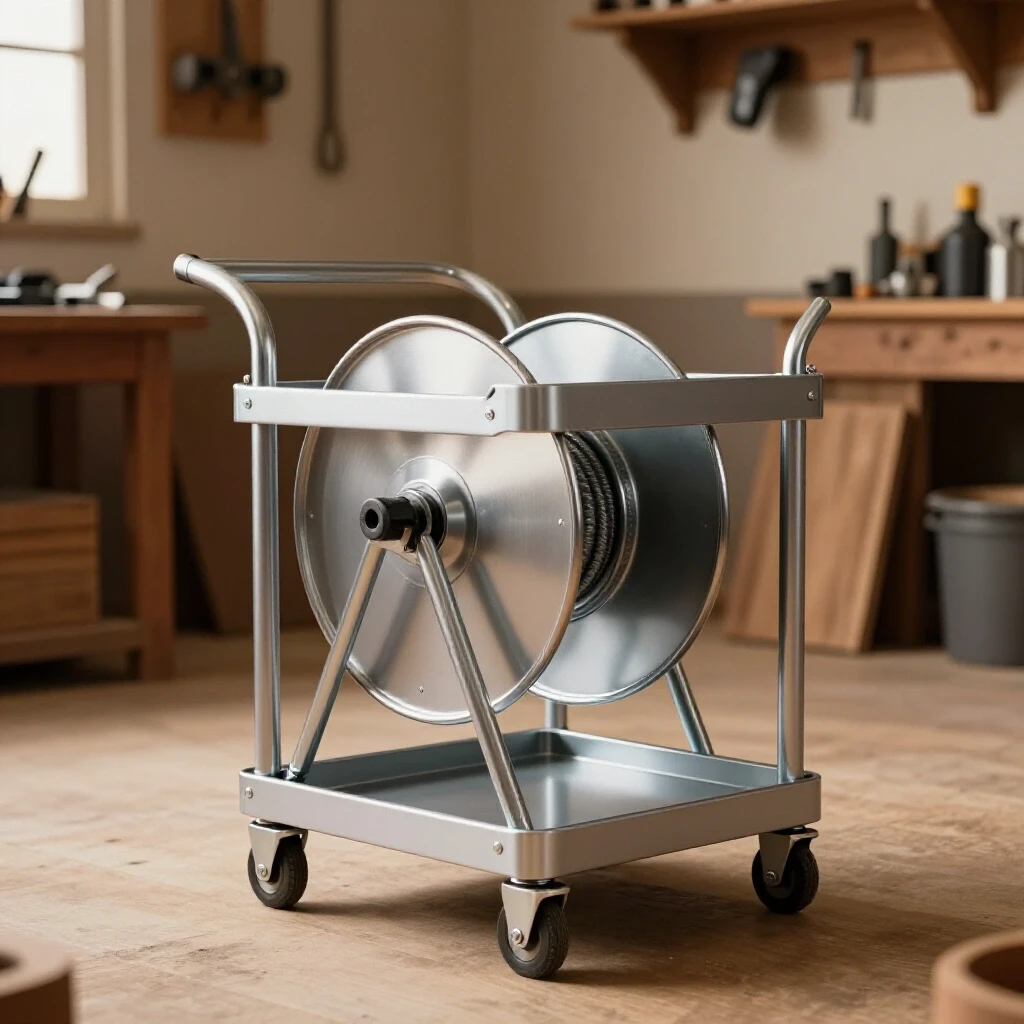 A shiny steel mobile hose reel cart showcased against a warm rustic workshop background, highlighting craftsmanship.