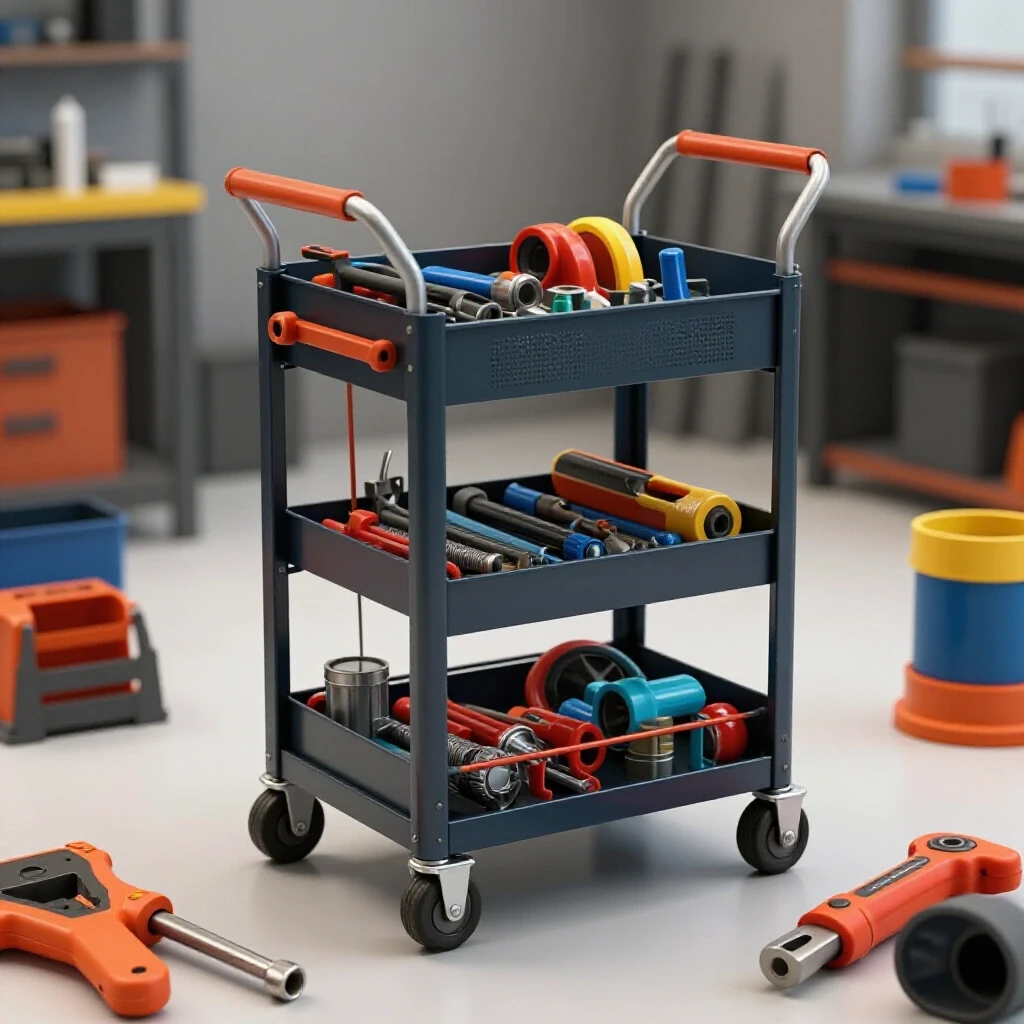 Mobile welding consumable organizer on wheels with vibrant tools in a bright workshop setting.