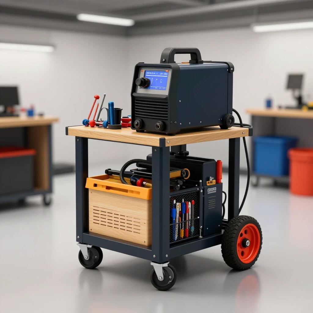 Mobile welding workstation on wheels showcasing robust tools and vibrant wheels in a bright studio setting.