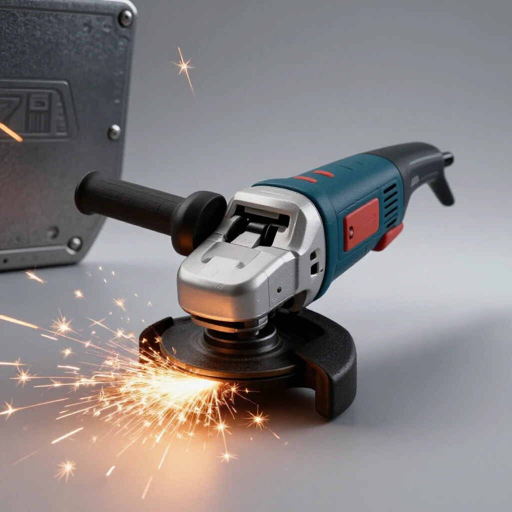 Durable angle grinder with flying sparks against a bright background, showcasing metalworking strength.