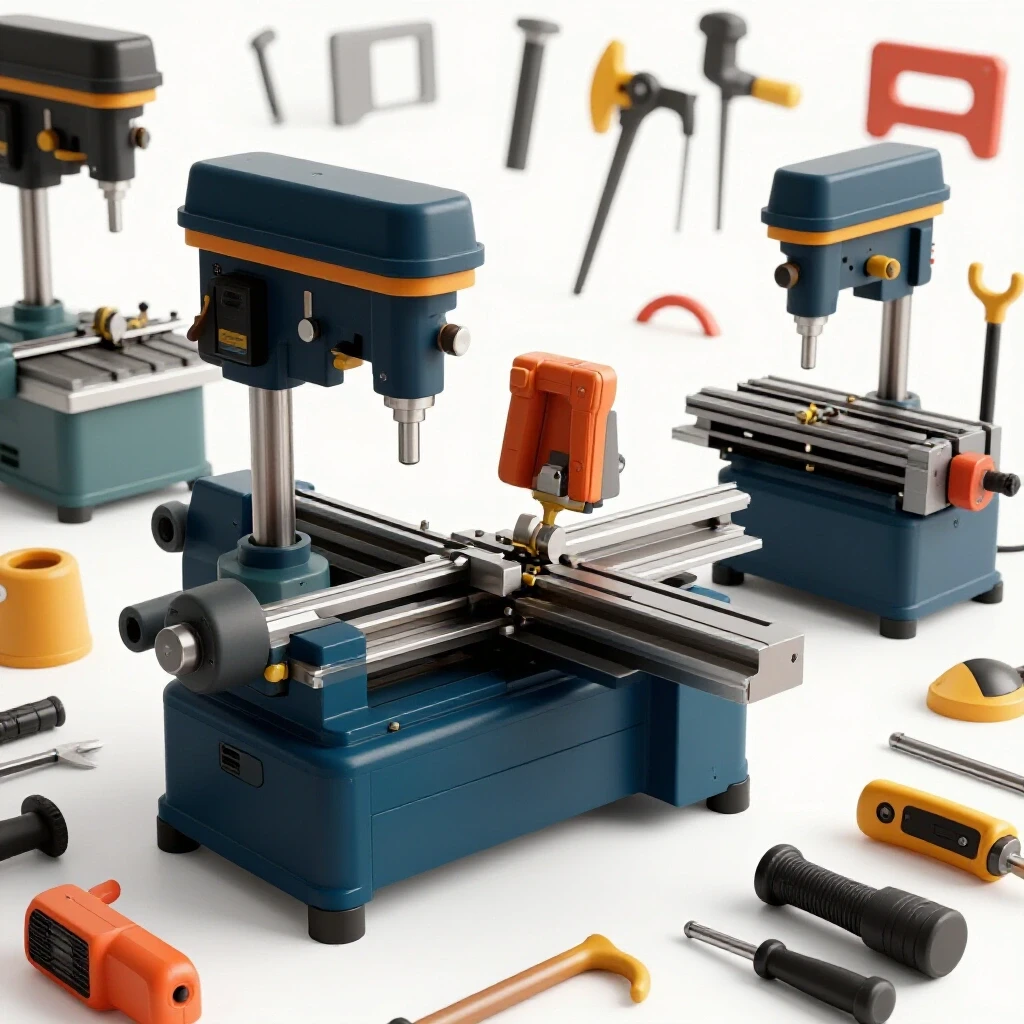 A well-organized small fabrication workshop featuring tools like a metal lathe, drill press, and horizontal bandsaw, illuminated brightly in a clean setting.