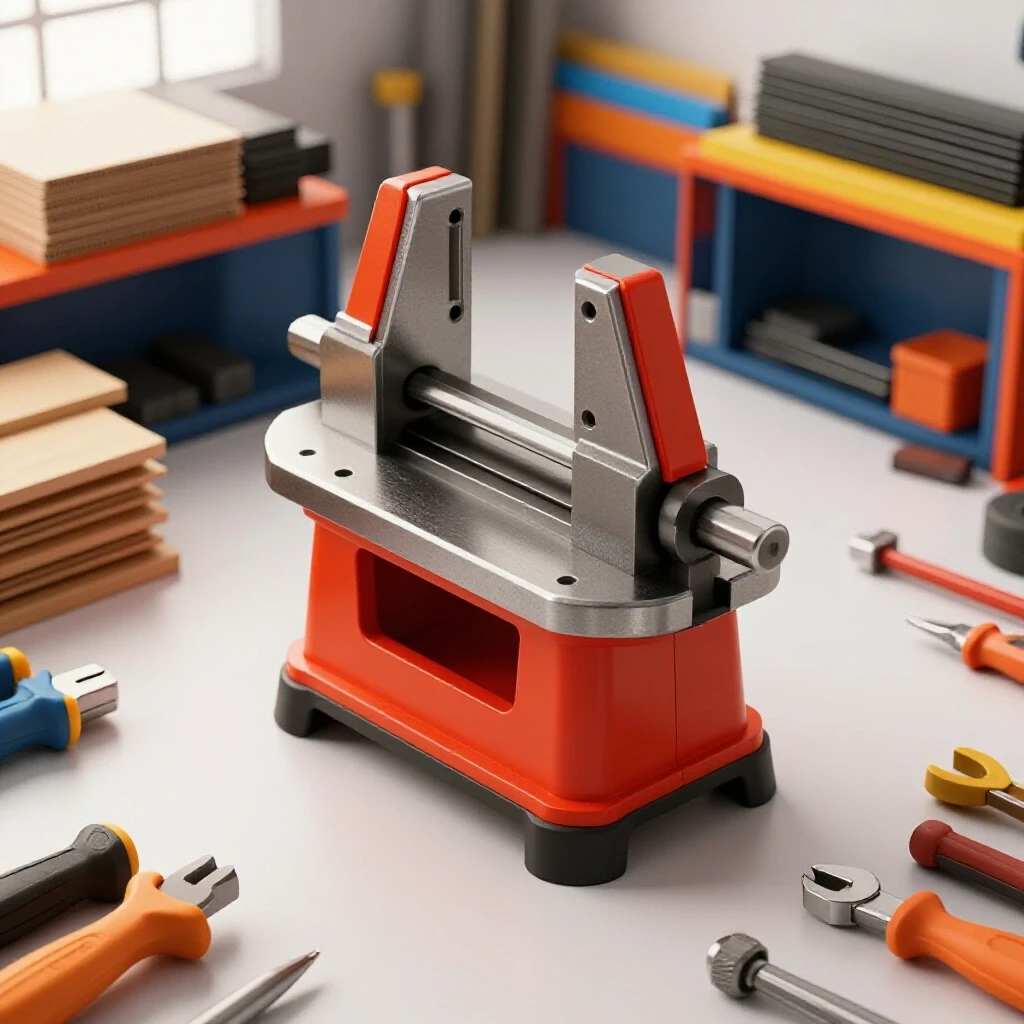 A compact multi-functional metalworking tool displayed in a bright workshop setting, surrounded by neatly organized tools and materials.