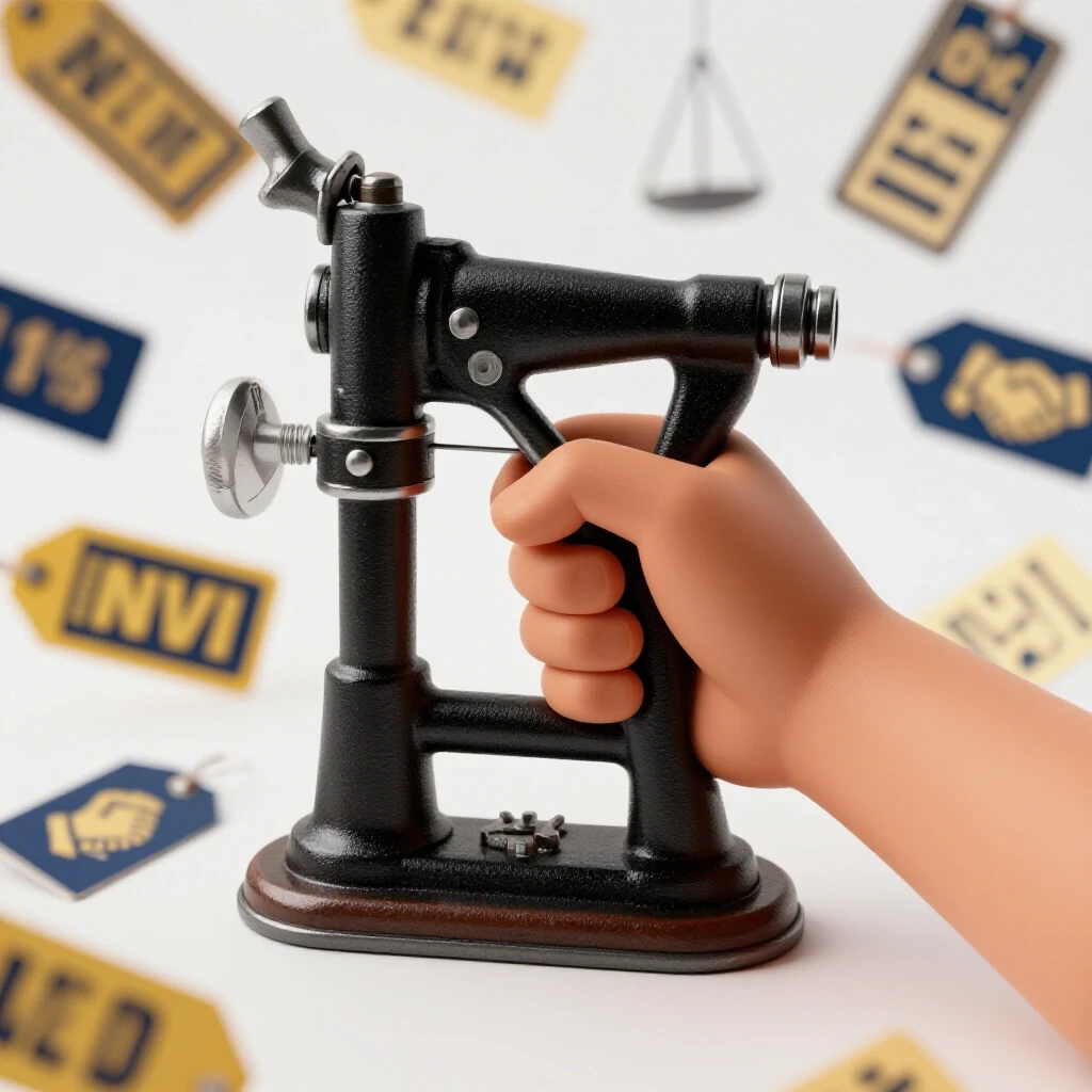 Close-up of a hand gripping a vintage manual machine tool with blurred negotiation symbols in the background.