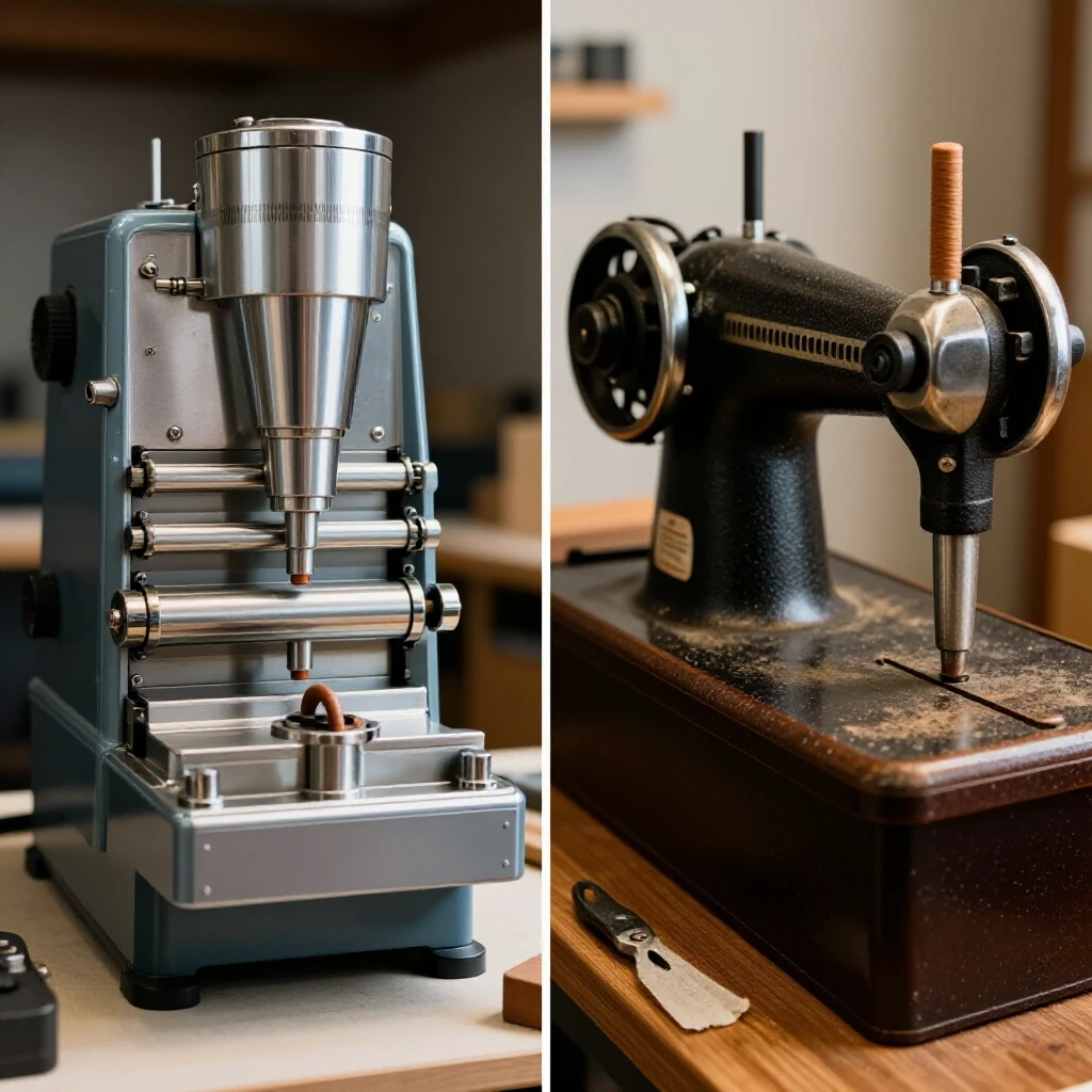 A visual comparison of a new and a vintage milling machine, surrounded by tools and materials, emphasizing their differences.