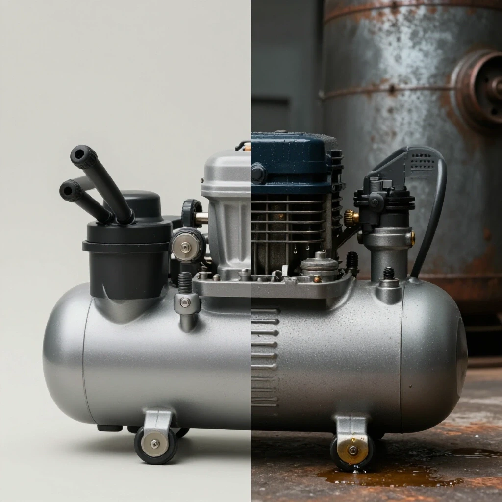 A comparison image featuring an oil-free compressor on the left against a clean background and an oil-lubricated compressor on the right with an industrial backdrop, emphasizing their characteristics.