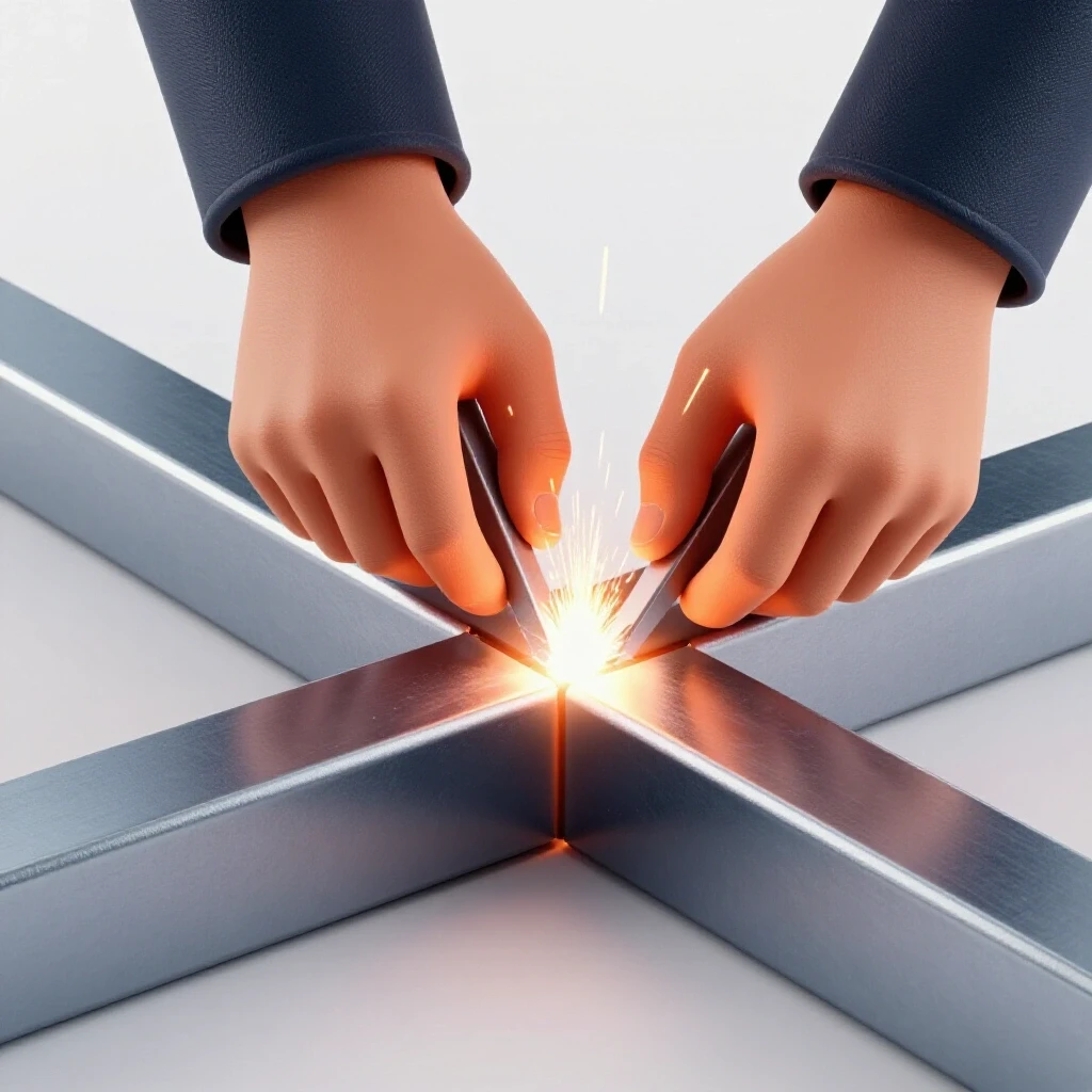 Close-up view of welder's hands adjusting metal pieces to ensure optimal gap size, with sparks in the background.