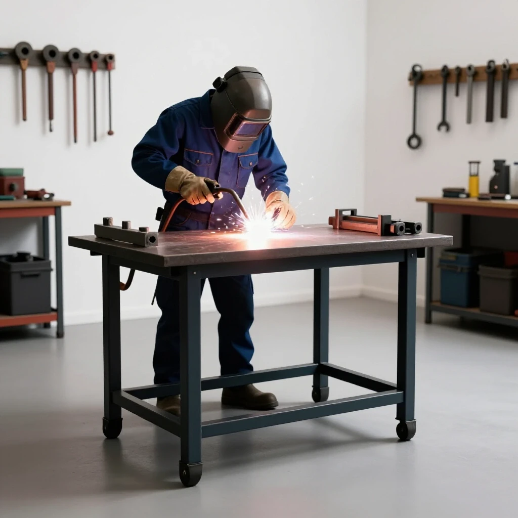 A 3D-rendered image of a welding table being adjusted in a workshop, surrounded by tools, showcasing dynamic lighting and vibrant colors.