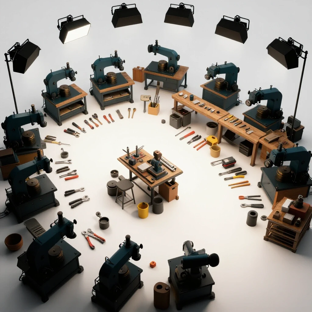 A visually striking transformation of a workshop from cluttered chaos to organized efficiency, showcasing machines and tools.