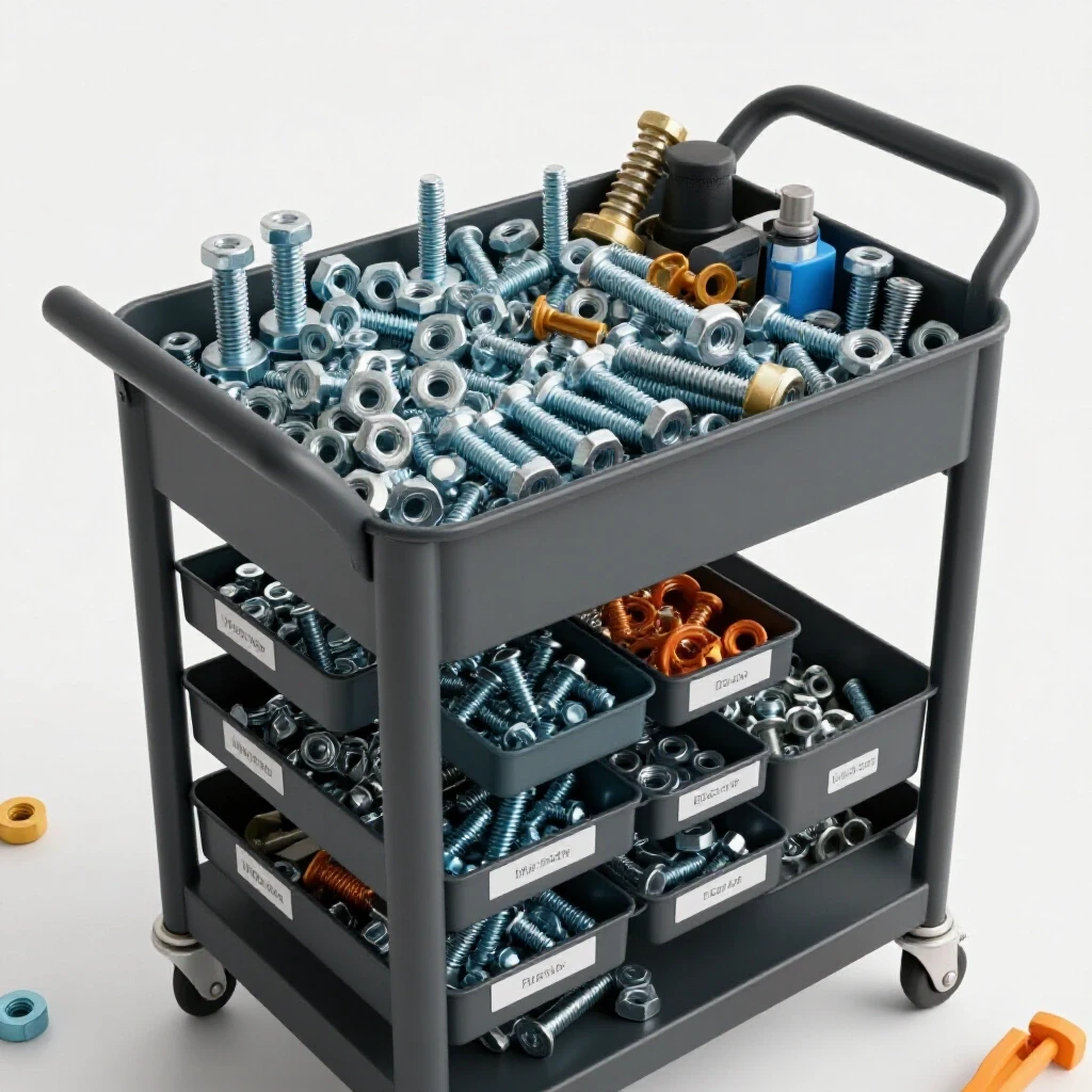 Cluttered workshop cart filled with various nuts and bolts, featuring an organized section with labeled compartments.