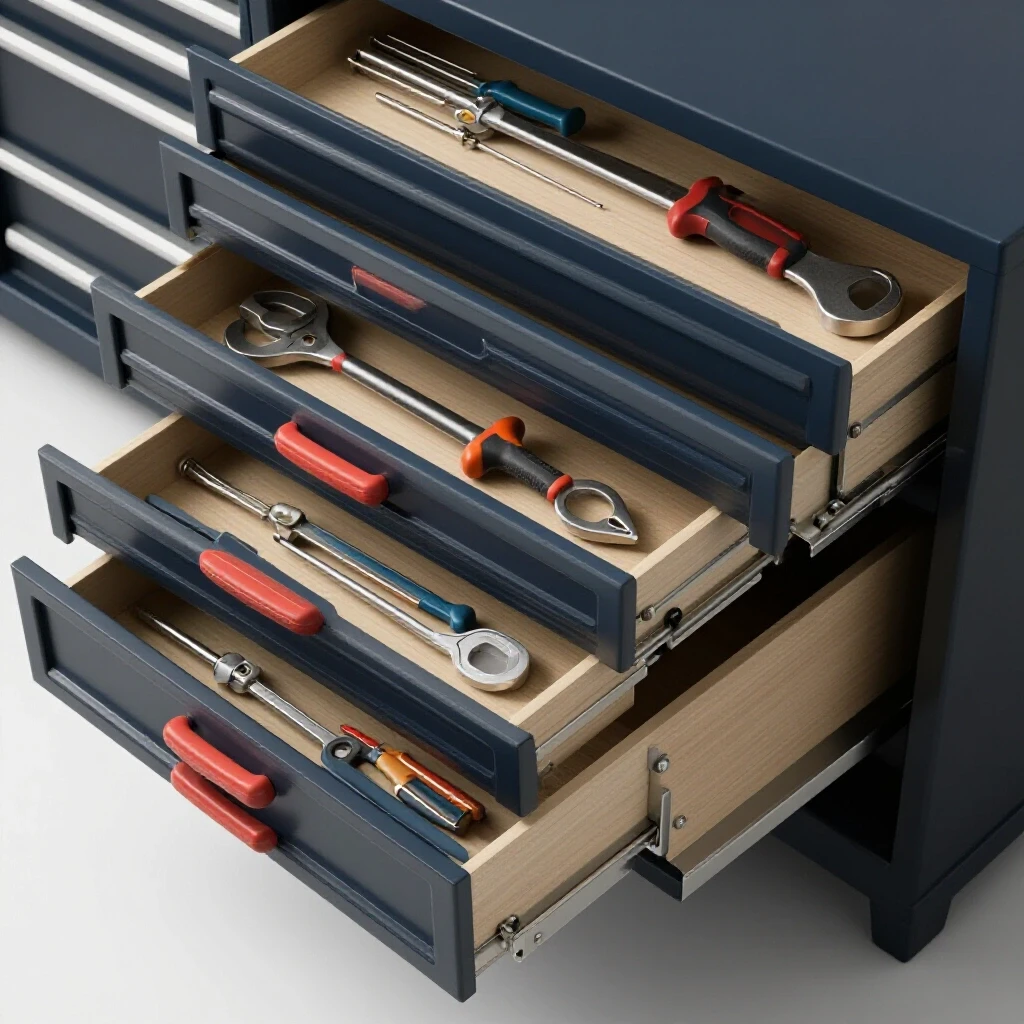 Neatly organized workshop drawers with tools arranged by size and type, showcasing easy access.